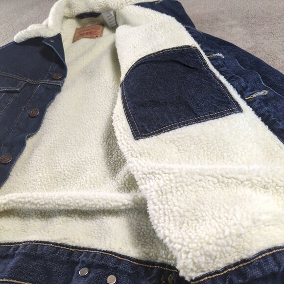 Levi’s Sherpa Denim Jacket Mens M Blue Faux Shearling Trucker Dark Wash Western - Picture 9 of 10